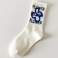 White cotton crew sock featuring blue clover and black FLOWER lettering design - One Size / No.5-Blue Flower