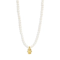 Detail of S925 silver pearl necklace with gold Hamsa Hand pendant and diamond accent - 925 Sterling Silver / Gold Hamsa Hand