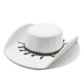 Detail of white felt cowboy hat featuring colorful beads and ethnic woven decorative band - White