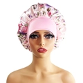 Pink satin sleep bonnet with purple floral print and wide elastic comfort band - 10870 Pink Small Floral