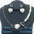 Silver OT clasp pearl necklace and heart stud earrings jewelry set for women - Silver Heart Pearl Jewelry Set