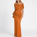 Elegant orange satin off-shoulder evening gown with waist bow and pleated neckline - US Size 4 (S) / Top And Bottom / Orange