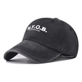 Washed black cotton baseball cap with embroidered MIND YOUR OWN BUSINESS slogan text - Adjustable / Black