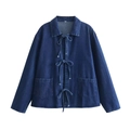 Women's dark blue denim shirt jacket with lapel collar and three front tie-up bows - S / Dark Blue