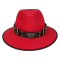 Red western fedora hat with black leather band and metal bull head accessory - M (56-58cm) / Red (91 Series Dual Guns Wings Badge Decor)