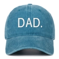 Detail of blue washed cotton baseball cap featuring white embroidered DAD. text - One Size / Lake Blue