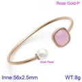 Rose gold cuff bracelet featuring a pink square zircon and a white shell pearl charm - Rose Gold Pink Stone Pearl Style (KB123020-K)