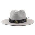 Grey woven bohemian sun hat with black leather band and vintage metal buckles - M (56-58cm) / Gray