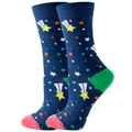 Navy blue crew socks featuring colorful shooting star patterns with pink toes and green heels - Navy Stars