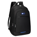 Black business laptop backpack with silver metal handle and blue reflective strip accents - Blue