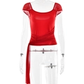 Red mesh short sleeve wrap top with side drawstring detail and pleated waist for women - S / Red
