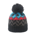 Winter knit beanie with colorful geometric patterns and black faux fur pompom on top - M (56-58cm) / Black (Multi-color Jacquard)