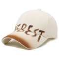 Distressed beige baseball cap with brown spray-paint graffiti and BEST lettering - Adjustable / Light Beige
