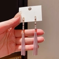 Elegant long tassel earrings with pink chains and colorful zircons held on display card - Pink Tassel (Gold Base/Silver Pin)