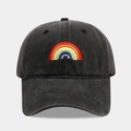 Classic washed black cotton baseball cap featuring minimalist rainbow embroidery - Adjustable / Washed Black