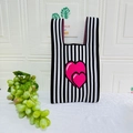 Knitted tote bag with black and white vertical stripes and pink double heart pattern - Vertical Stripe Black & White Double Heart