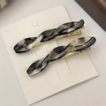 Twist hair clip set with grey marble acetate finish and gold-tone metal base - Black & Grey Marble