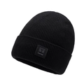 Men's winter ribbed knit beanie with warm lining and square logo patch in black - One Size / Black