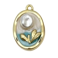 Oval gold pendant with white pearl and gold leaf inlay on blue enamel floral pattern - Blue-White Gold-Sprinkled Oval Pearl Bouquet-24429