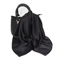 Elegant black silk satin square scarf draped on a leather handbag with smooth texture - One Size / Faux Silk Satin / Black