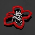 Elegant red acrylic flower brooch with silver metal lines and faux pearls on black surface - BR1204-2 Red Flower