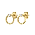 Minimalist gold circle stud earrings with single clear cubic zirconia on white background - Gold
