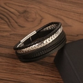 Retro multi-layer braided leather bracelet with stainless steel magnetic clasp on wood - Black