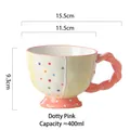 Hand-painted ceramic footed mug with colorful 3D dots and pink twisted handle, 400ml - Pink Polka Dots
