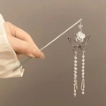 Silver metal hair stick featuring white rose, gray butterfly and crystal tassels - Ink Flower Butterfly