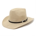 Chapeau Panama classique en paille beige avec large bord et ruban en cuir noir décoratif - M (56-58cm) / Blanc Cassé