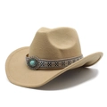 Detail of western wool felt cowboy hat with ethnic ribbon and turquoise stone - M (56-58cm) / Camel