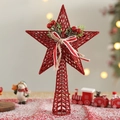 Macro shot of red glitter tree topper star with festive ribbons on a snowy base - Christmas Tree Topper Star Style / 27*18cm / Red