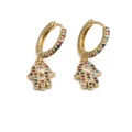 Detail shot of gold-plated Hamsa hand earrings featuring colorful crystal gemstones - Small Hamsa Hand Evil Eye