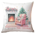 White Christmas pillow cover with watercolor scene, pink tree and cat, dreaming of a pink Christmas - Pink Christmas Dream with Cat