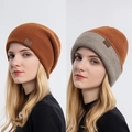 Unisex caramel knit beanie hat with premium leather patch for autumn and winter warmth - Caramel color