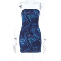 Detailansicht des blauen abstrakten Prints auf diesem eng anliegenden Tube-Mini-Kleid - XS / Blau