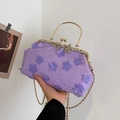 Purple mesh shell handbag with 3D floral embroidery, sequins, and gold chain strap - Purple