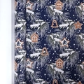 Christmas kraft paper roll with gingerbread houses and snowy pine on navy blue background - Snow Hut Pine