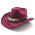 Detail of burgundy suede cowboy hat featuring leather band with turquoise and amber stones - M (56-59cm) / Wine Red Suede