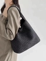 Chic black woven denim tote bag with large capacity and intricate checkered pattern - Large 33cm / Black