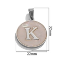 Stainless steel round shell pendant with letter K detail measuring 22mm by 32mm - Steel K