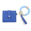 Silicone bead keychain bracelet with blue PU leather card holder and tassel charm - Royal Blue