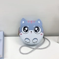 Joli sac bandoulière rond bleu et blanc pour fille avec tête de chat et sangle argentée - Bleu