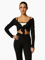 Sexy top nero a maniche lunghe con lacci frontali e strato interno bianco - S / Nero