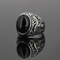Vintage stainless steel ring for men with black oval gemstone and engraved sunburst detail - US 12 / Obsidian