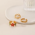 Three-piece gold adjustable ring set featuring flower, chain, and heart designs - J634-Flower Heart Gold 3-Piece Set