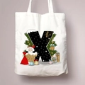 Christmas canvas tote bag with festive letter X print and Santa Claus holiday pattern - Letter X