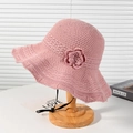 Pink crochet sun hat with wavy brim and side flower detail for summer beach - Pink Flower Crochet