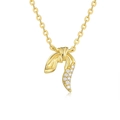 Macro shot of gold-plated S925 silver leaf pendant with sparkling moissanite stones - N15502/Gold Leaf Pendant Necklace