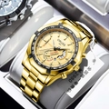 Men's gold stainless steel chronograph watch with black tachymeter bezel and champagne dial - All Gold Band Gold Face